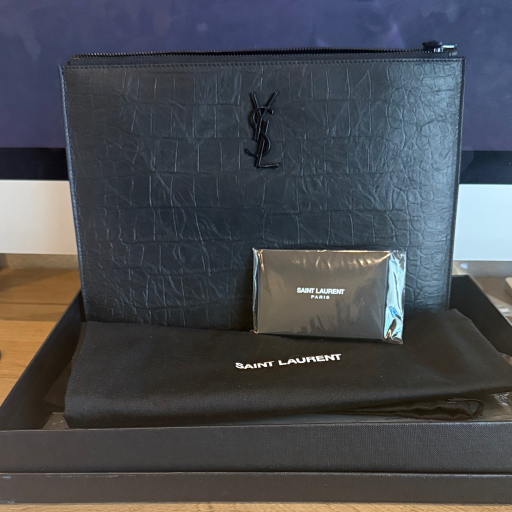 Saint Laurent Black Croc-Embossed Leather Zip Pouch With Ysl Logo